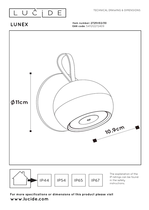 Lucide LUNEX - Applique murale Rechargeable Intérieur/Extérieur - Batterie/Piles - LED Dim. - 1x2W 3000K - IP54 - Magnétique - Noir - technique